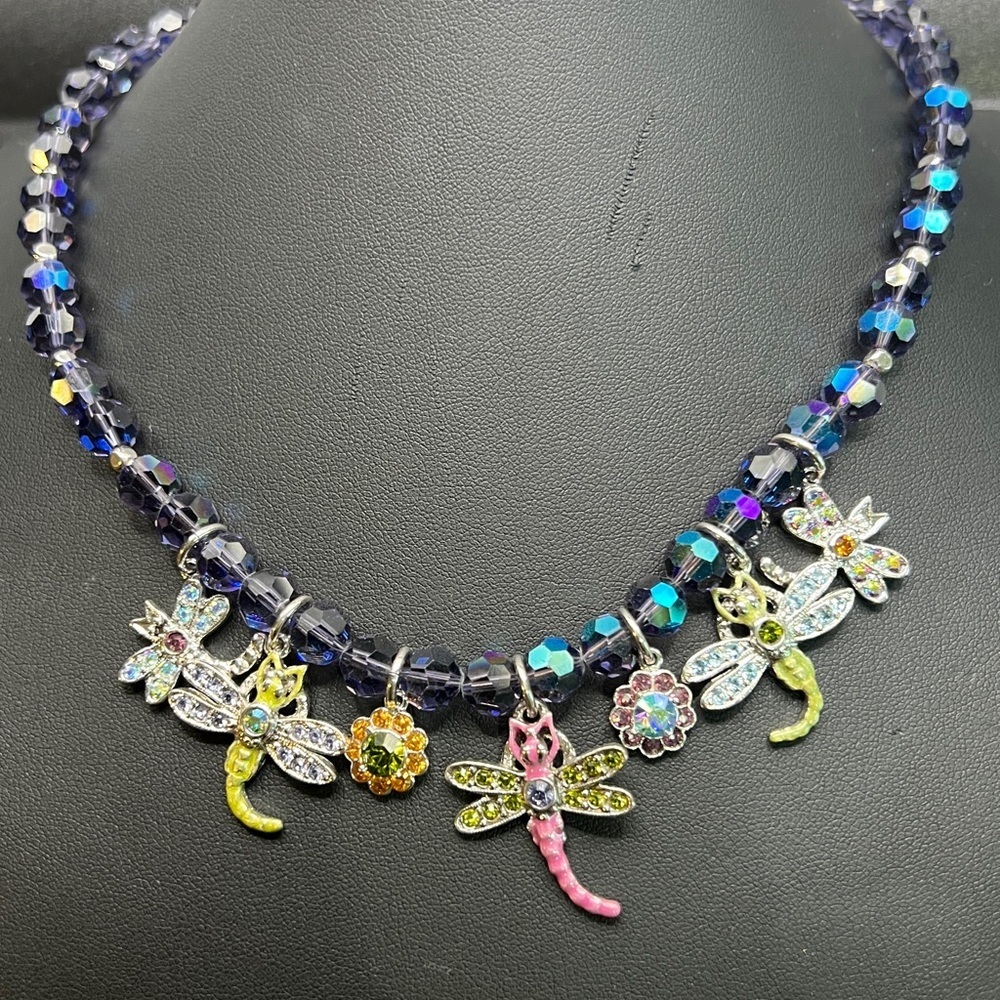 KIRKS FOLLY DRAGONFLY FACETED BEADED CHARM STATEMENT NECKLACE